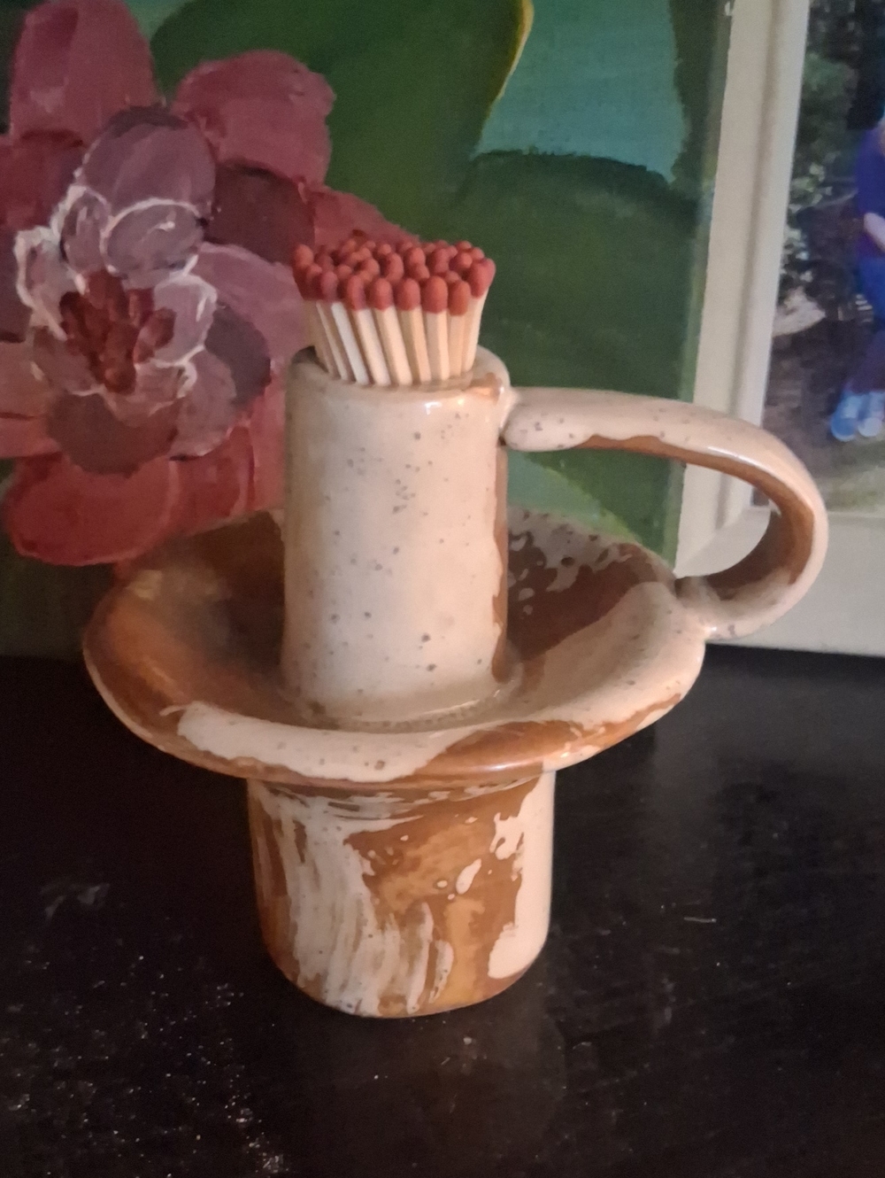 Handmade Ceramic Candleholder Matchstick Cup in Cream and Brown